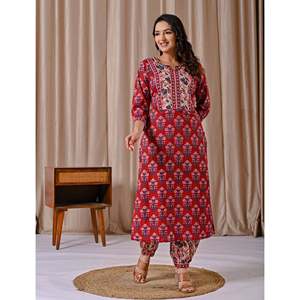 Conjunto de traje afegano para mujer, kurta de corte recto con estampado Red Butta Block - Product Image 6