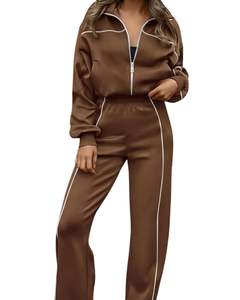 Ensemble de survêtement pour femmes brun avec col zippé, veste en molleton doux avec passepoil et pantalon large, élégant et décontracté, deux pièces pour se détendre - Product Image 6