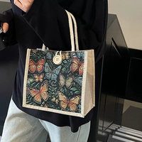 Tas Tote Jute Ramah Lingkungan Berkualitas Tinggi Bergaya Vintage Cottagecore dengan Pegangan Tali Katun Jacquard Motif Kupu-kupu dan Kancing Kayu