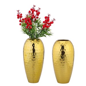 Handcrafted Gold Hammered Metal Flower <b>Vase</b> <b>Set</b> Of 2 Modern Iron Oblong Decorative Tabletop For Home Living Room Decor On Sale - Product Image 1