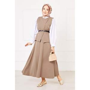 Hijab double à jupe croisée boutonnée beige Ensemble décontracté 2 pièces Col imprimé à capuche d'été - Product Image 2