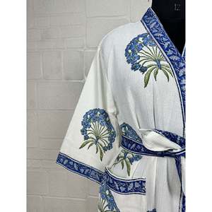 Hand-Printed Botanical Floral Kimono Pure Cotton Gaufr Perfect Summer Spa Bath Robe <b>Beach</b> Coverup Bloom Swimwear <b>Accessory</b> - Product Image 3