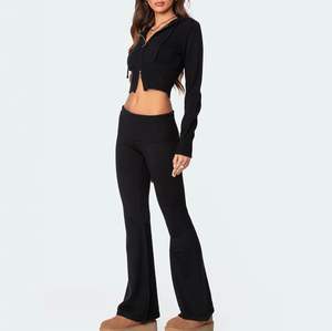 Women's Retro Y2K Streetwear Two-Piece Flared Tracksuit with <b>Zip</b> <b>Hooded</b> Collar and Bootcut Pants Custom Logo Sportswear - Product Image 1