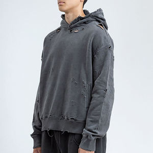 Sweat à capuche vintage surdimensionné en détresse pour hommes pull en polaire avec poche kangourou Streetwear Hip Hop Style hiver Logo personnalisé - Product Image 6