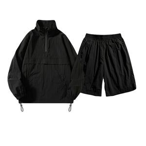 Cortavientos de nailon 2025 para hombre, conjunto activo para exteriores, chaqueta y pantalones cortos con cremallera y cuello levantado, atuendo transpirable con cierre de cremallera - Product Image 5