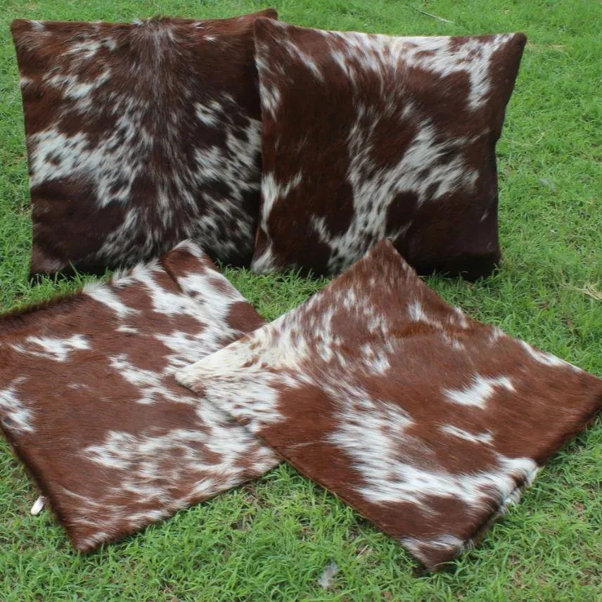 Brown White Cowhide Pillow Covers Cow Skin Cushion Covers 16" x 16" Cow Hide Leather Pillow Cover