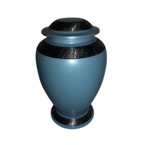 Urna Funeraria de Metal Premium Hecha a Mano, de Aluminio de Lujo con Acabado Azul Cielo Mate y Detalles Grabados de Hojas Negras. - Product Image 1
