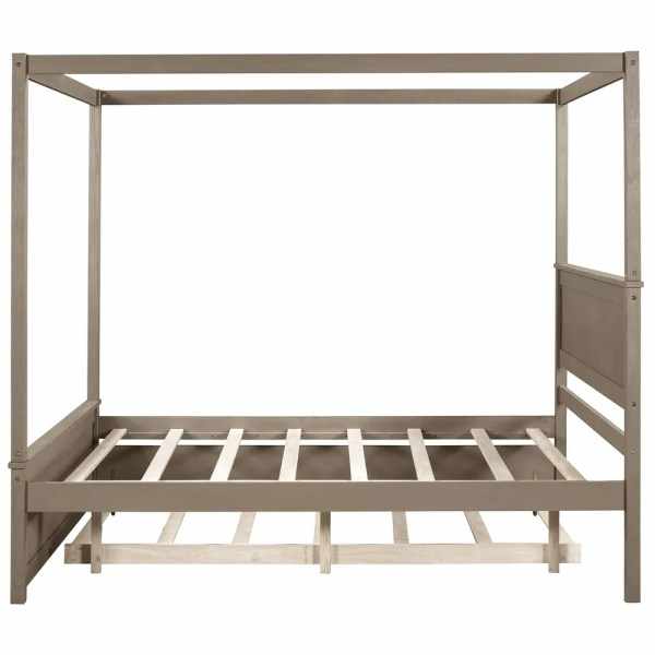 Full Size Light Brown Brushed Wood Canopy Bed with Trundle for Kids' Bedroom OEM Service Supplier Vietnam Following Your Brand