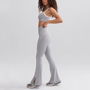 Leggings de yoga pour femmes à rayures taille haute avec logo de la jambe droite fermeture à la taille élastique pantalon en nylon Spandex 220g - Product Image 2