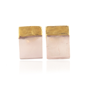 Pendientes de tuerca de oro medio amarillo electrochapado, piedra preciosa de cuarzo rosa Natural, diseño creativo - Product Image 3