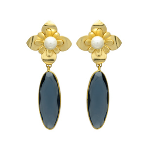 New Arrival <b>Gold</b> Plated Unique Design <b>Dangle</b> <b>Earrings</b> with Blue Chalcedony Gemstone Brass <b>Earrings</b> - Product Image 1