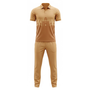 Uniforme de Cricket Sublimado Personalizado al por Mayor para Hombre, Transpirable y de Secado Rápido, Color Bronceado con Gráfico de Silueta de Fortaleza, Jersey y Pantalones - Product Image 1