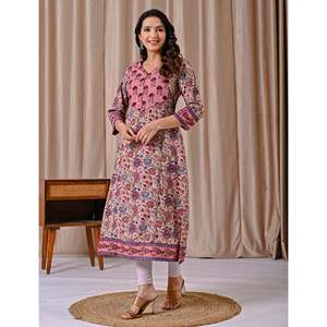 Kurti droit en coton imprimé gris et rose, respirant et décontracté, avec taille naturelle - Product Image 5