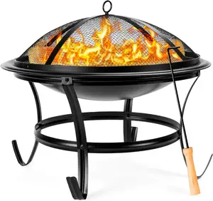 Fogueira de ferro ao ar livre Fire Pit Bowl para quintal, camping, piquenique, fogueira, jardim w/faísca tela tampa, log grate, poker