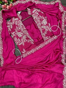 Sarees brodés en soie de soie Collection de vêtements de fête de qualité supérieure avec chemisiers non cousus Fabricant direct - Product Image 4
