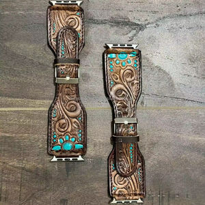 Handmade Custom Design Western Floral <b>Tooled</b> & Painted Leather Beautiful Turquoise <b>Flare</b> Watch Band Genuine Leather Watch Straps - Product Image 2