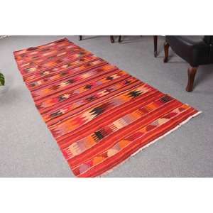 Large Area Kilim Orange Red <b>Rug</b> 3.3 X 9.9ft Flat Weave <b>Turkish</b> Wool with Latex Backing for Hallway Room Rectangle Plush Pile - Product Image 1