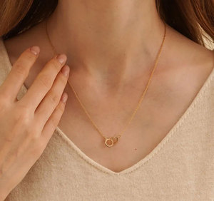 Collier vintage délicat en laiton plaqué or avec pendentif double cercle en pierre rose, bijoux pour fiançailles, mariage, fête, IGI - Product Image 3