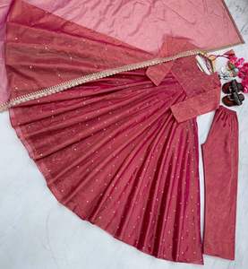 Listo para usar vestido indio Anarkali y Palazzo con Red dorada de sarga Dupatta con trabajo de corte bordado costura completa para boda - Product Image 3