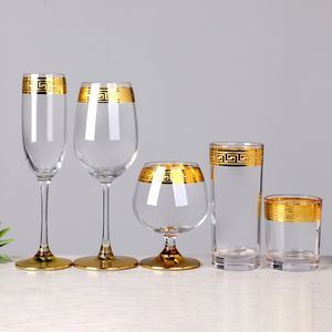 Verres à Boire à Base Épaisse Motif Clé Grecque Bord Doré : Flûtes à Champagne, Verres à Cognac, Highball, Rocks, Whisky et Vin Rouge - Product Image 1