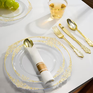 350 pièces de vaisselle en plastique pour événements et assiettes en plastique élégantes, ainsi que des assiettes en plastique pour repas formels, pour mariages et séminaires - Product Image 1