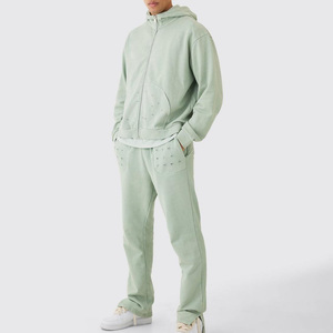 100% Cotton Zip-Up Winter Tracksuits Solid Color Patch Flared Acid <b>Wash</b> Streetwear Breathable Hooded Collar Winter Sportswear - Product Image 6