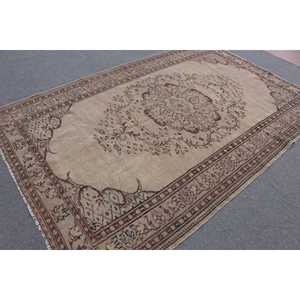 Turkish Large Rug 6x9.3 ft (184x284 cm), Vintage <b>Brown</b> Bordered <b>Wool</b> Rug - Product Image 2
