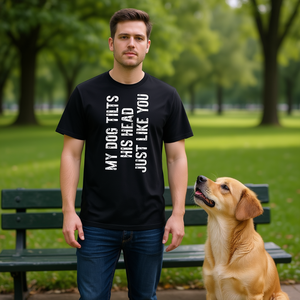T-shirt promotionnel unisexe pour adulte à col rond et manches courtes, imprimé sérigraphié avec le motif « Mon chien incline la tête comme vous » - Product Image 3