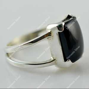 925 Sterling Silver Black Onyx <b>Ring</b> Handmade <b>Statement</b> Promise Jewelry with Natural Cushion Gemstone Licensed July Inlay Setting - Product Image 5