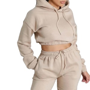 Vêtement de sport pour femme en gros, sweat à capuche court à manches longues en coton imprimé uni décontracté |   Ensemble de jogging sportif avec logo personnalisé - Product Image 2