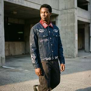 Chaqueta Vaquera Oscura de Estilo Y2K Personalizada para Hombre, con Pedrería, Estampado Abullonado, Cuello Camisero en Contraste, Corte Regular, Estilo Urbano, Ecológica - Product Image 5