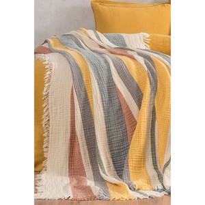 Varol Luxury 100% Natural Cotton Muslin Woven Yarn Dyed <b>Bedspread</b> <b>Quilt</b> 230x250 cm Striped Pattern 4-Layer Stitching Washable - Product Image 1