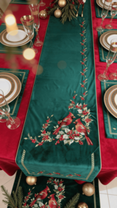 Luxury Embroidered Cotton <b>Table</b> <b>Runner</b> with Red Cardinals and Holly Pattern Traditional Home & Hotel Decor Washable - Product Image 3