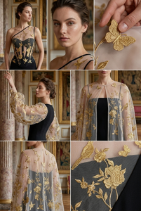 Tissu en tulle uni tissé avec broderie d'oiseaux et de roses métalliques dorées, dentelle à motifs végétaux, articles en stock pour mariages et jeunes filles - Product Image 5
