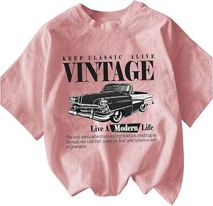 T-shirt graphique pour femme, col rond, épaules tombantes, tendance, été, manches courtes, imprimé vintage de voiture - Product Image 2