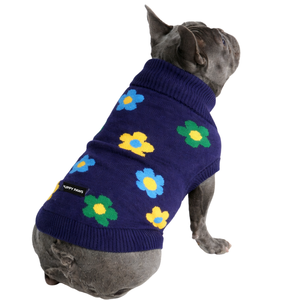 Suéter de punto para perro con diseño floral, azul, verde, amarillo, cálido para invierno, jersey suave de punto para mascotas, ropa cómoda para perros - Product Image 2