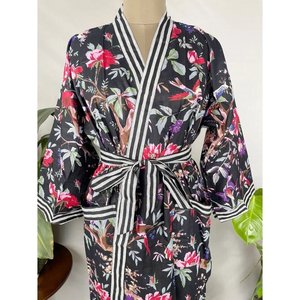 Handprinted Boho Housecoat Reiner Cotton <b>Kimono</b> Summer Dress with Black Bird Stripes Indian Style <b>Beach</b> Cover-Up 1 Piece - Product Image 2