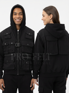 Sweat-shirts en coton épais de style français avec fermeture éclair sur le devant, logo personnalisé, design multi-poches, tendance et élégant - Product Image 4