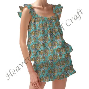 Conjunto de pijama de pantalones cortos indios al por mayor de fabricante estampado de bloque de mano Primavera/Verano Floral ajustado tiras volante mangas PJ conjunto - Product Image 3