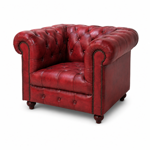 Fauteuil Chesterfield vintage style loft urbain |   Canapé 1 place capitonné en cuir véritable rose rouge fait main, style Mid-Century Modern, pour villa - Product Image 1