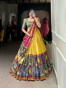 Nuevo hermoso diseño Kalamkari impreso con papel de aluminio estilo Gujarati suave Tussar seda Lahenga Choli Para Boda y fiesta especial - Product Image 3