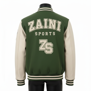 Veste universitaire pour homme de haute qualité, corps en laine 320GSM, manches en cuir PU, panneaux contrastés vert crème, veste universitaire personnalisée en chenille - Product Image 2