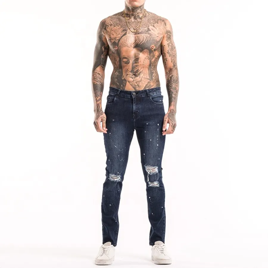 Низкая цена, оптовая продажа, мужские джинсовые брюки с индивидуальным логотипом, модные рваные повседневные узкие джинсы в стиле ретро