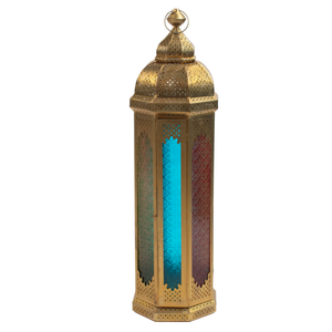 Farol Vintage de Latón Puro con Relieve, Vidrio Azul Cielo y Acabado Pulido para Decoración de Mesa, Farol Árabe para Decoración - Product Image 1