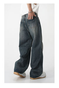 Custom Men's 2025 Blue High Street Distressed Denim Pants-Winter Vintage Style New Straight Washed Wide Leg <b>Jeans</b> Lightweight - Product Image 4