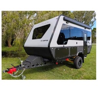 Caravane de camping moderne et luxueuse avec châssis à essieu unique de 15 pieds, 4 vérins stabilisateurs, lit queen size, conception étanche