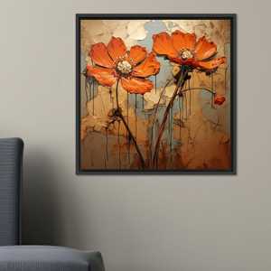 Toile imprimée sur verre avec motif de fleurs d'orange abstraites - Décoration murale moderne, toile encadrée noire - Product Image 1