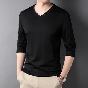 เสื้อยืดคอวีคอตตอนเข้ากับทุกชุดเสื้อตัวบนสำหรับผู้ชายแขนยาวผ้าทอลำลองสีพื้นคุณภาพสูง