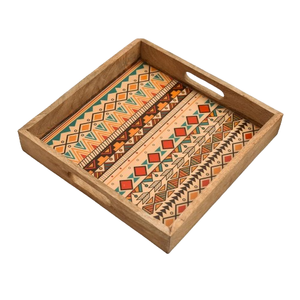 Plateau de service rectangulaire en bois de manguier fait à la main avec motifs floraux imprimés, design luxueux et tendance - Product Image 4