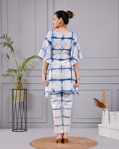 Conjunto de Dos Piezas Tie Dye para Mujer |   Top estilo caftán de algodón con pantalón |   Conjunto de Dos Piezas Indigo Shibori para Venta al por Mayor - Product Image 4